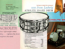 Vintage advertisement for Ludwig Acrolite snare drums showing the instrument, material details, and product pricing.