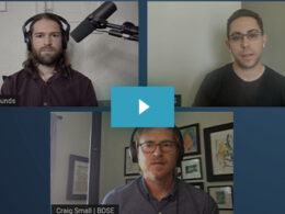 A video call interface showing three people wearing headsets during a Bose streaming or podcast session.