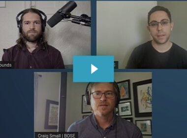 A video call interface showing three people wearing headsets during a Bose streaming or podcast session.