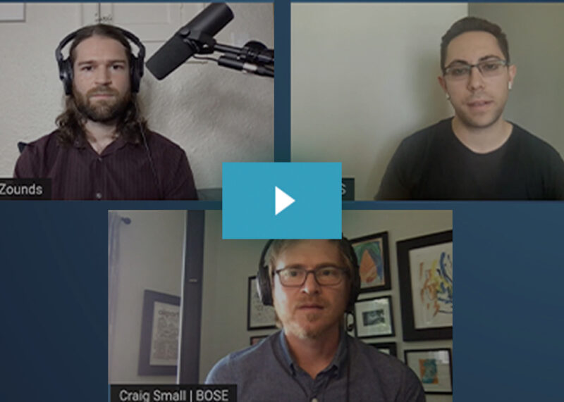 A video call interface showing three people wearing headsets during a Bose streaming or podcast session.
