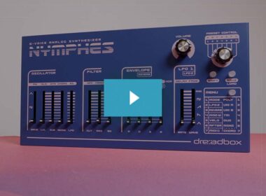 A blue Dreadbox NYMPHES 6-voice analog synthesizer with oscillator, filter, and envelope controls sits on a pink background.