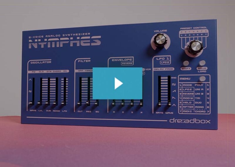 A blue Dreadbox NYMPHES 6-voice analog synthesizer with oscillator, filter, and envelope controls sits on a pink background.