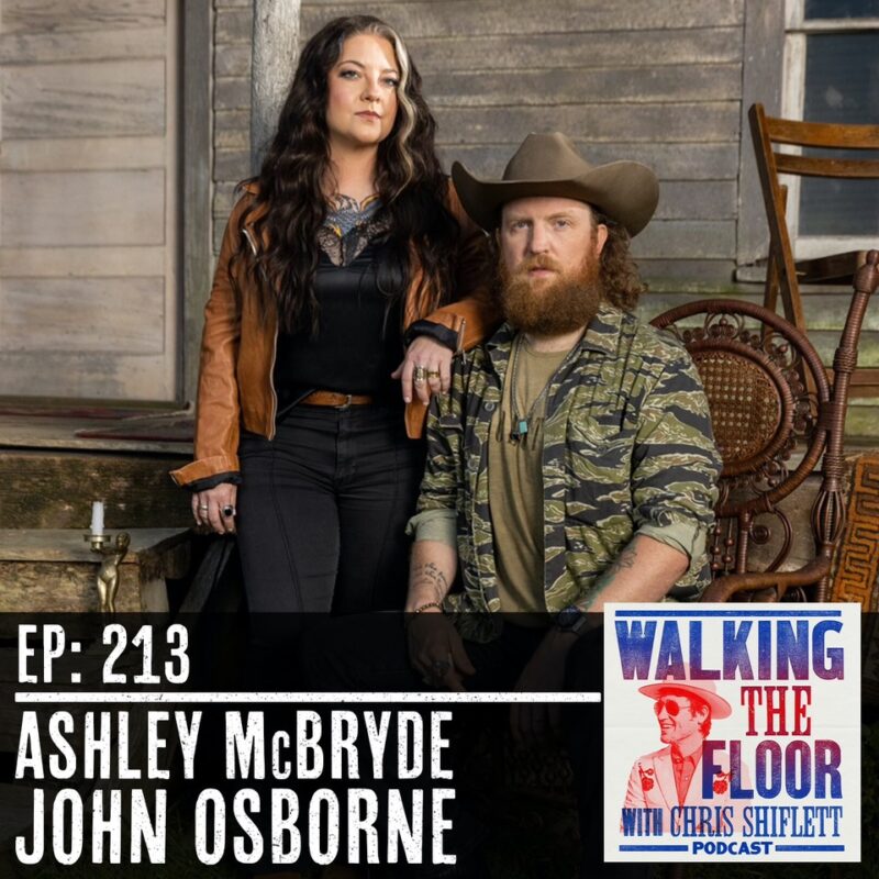 Walking the Floor episode 213 features musicians Ashley McBryde in a brown jacket and John Osborne in a cowboy hat.