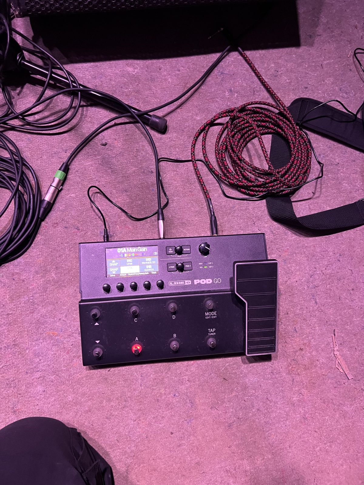 Line 6 Pod GO on stage, plugged in