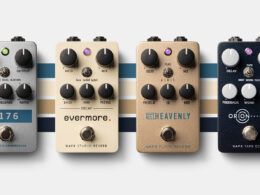 Four UAFX studio effect pedals displayed in a row: Compressor, Studio Reverb, Plate Reverb, and Tape Echo.