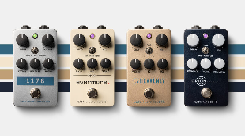 Four UAFX studio effect pedals displayed in a row: Compressor, Studio Reverb, Plate Reverb, and Tape Echo.