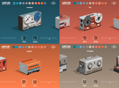 Four vintage-style Verve devices in coordinated color schemes arranged in quadrants with control interfaces below each.