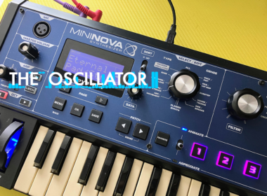 A blue Korg Minilogue synthesizer featuring a keyboard, control interface, and digital display on yellow background.
