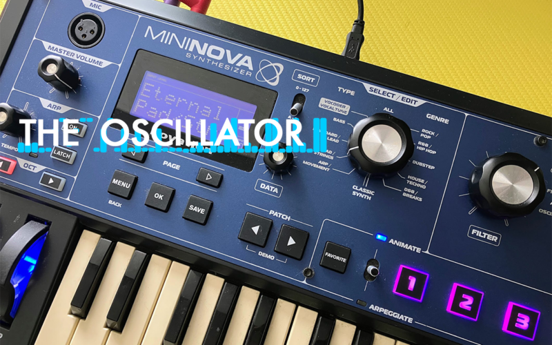 A blue Korg Minilogue synthesizer featuring a keyboard, control interface, and digital display on yellow background.