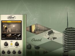Vintage Capitol Records design featuring a control panel, historical photographs, and the Capitol Records building on a blueprint background.