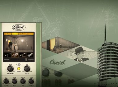 Vintage Capitol Records design featuring a control panel, historical photographs, and the Capitol Records building on a blueprint background.