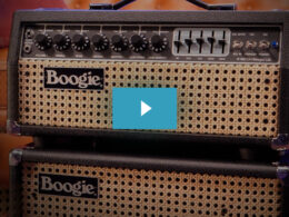 Two stacked Boogie guitar amplifiers with tan perforated speaker covers and black control panels.