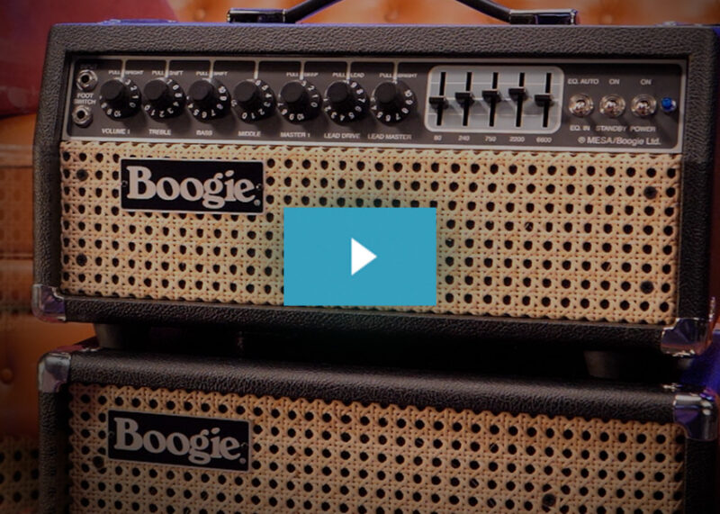 Two stacked Boogie guitar amplifiers with tan perforated speaker covers and black control panels.