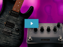 A dark metal electric guitar with a reddish-brown fretboard sits beside a black Nanocortex effects pedal against a vibrant magenta background.