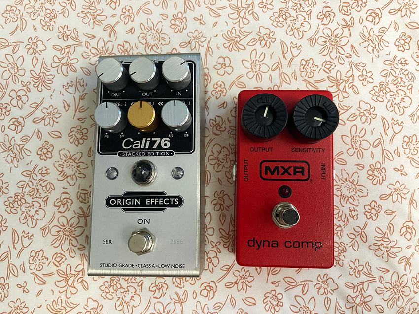 The two compressor pedals used in the sound clips. An Origin Effects Cali76 Stacked Edition (left) and an MXR Dyna Comp compressor (right).